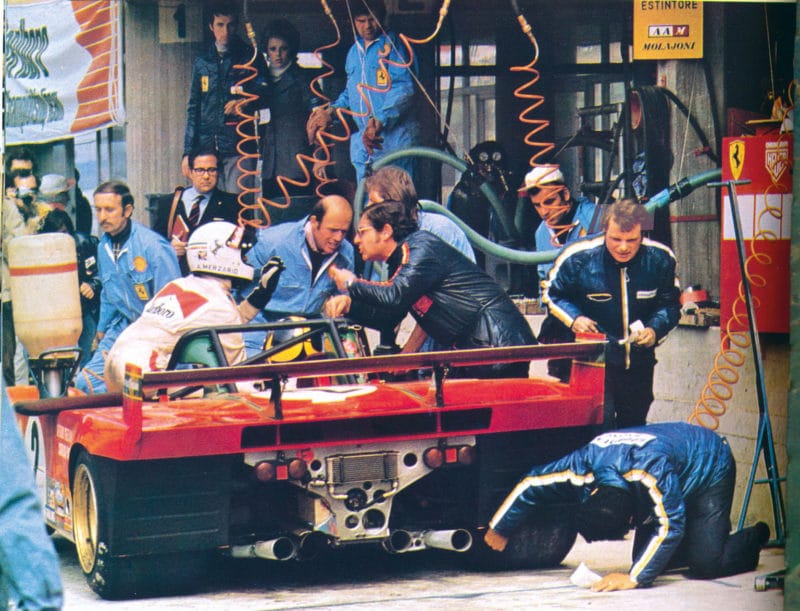 Fury in the Ferrari pitlane at the Nürburgring 1000Kms in 1973, with Arturo stating his case, left, and refusing to let go of the wheel