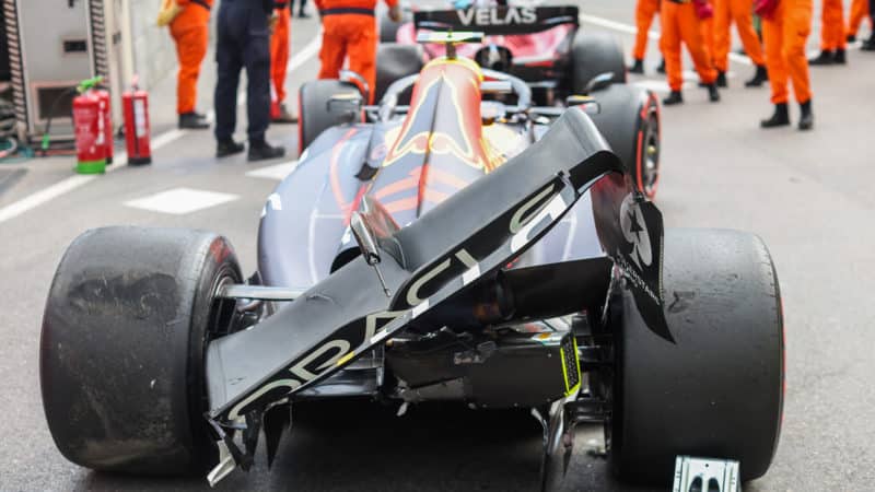 Broken rear wing of Sergio PErez Red Bull after 2022 Monaco GP qualifying crash