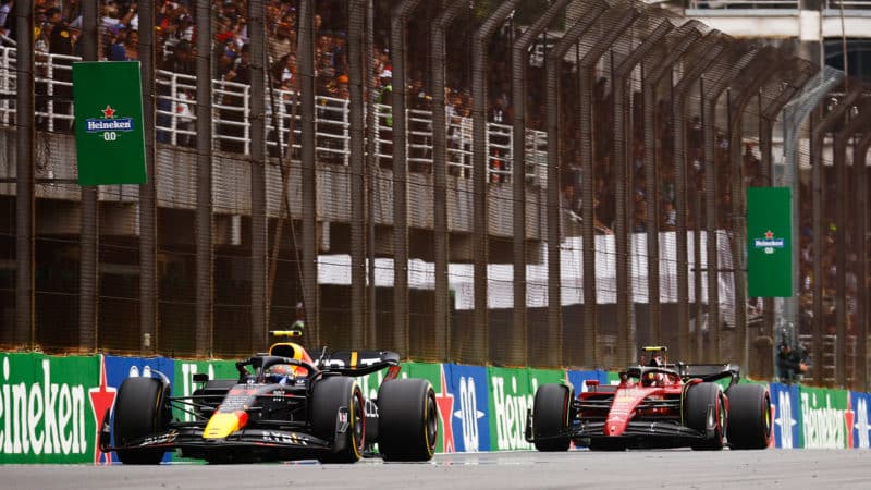 Carlos Sainz behind Sergio Perez in the 2022 Brazilian Grand Prix