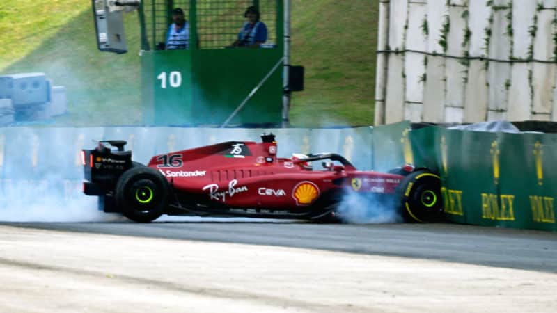 Charles Leclerc crashes into a barrier at the 2022 Brazilian Grand Prix