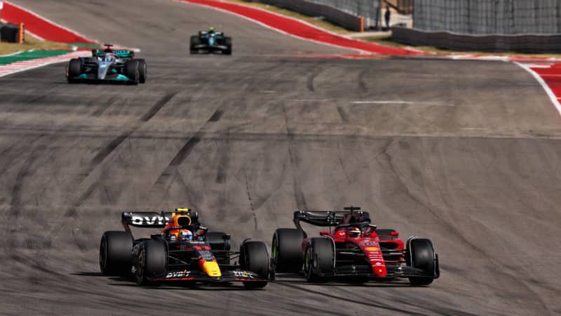 Charles Leclerc overtakes Sergio Perez in the 2022 US Grand Prix