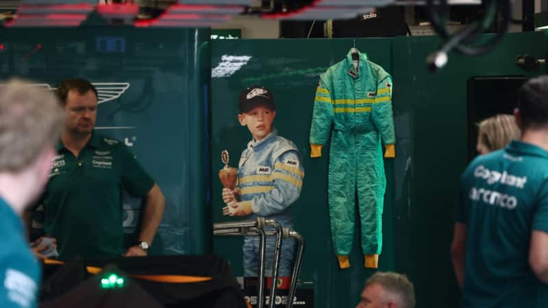 Childhood overalls of Sebastian Vettel in Aston Martin F1 garage ahead of his final F1 race