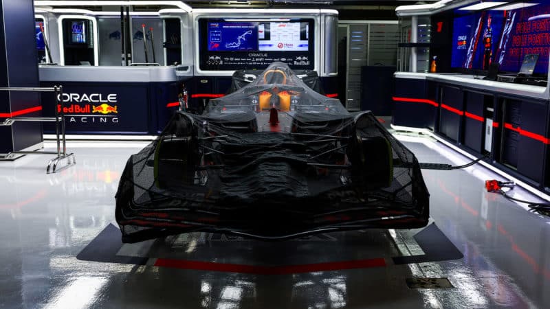 Cover on Red Bull car in F1 pit garage