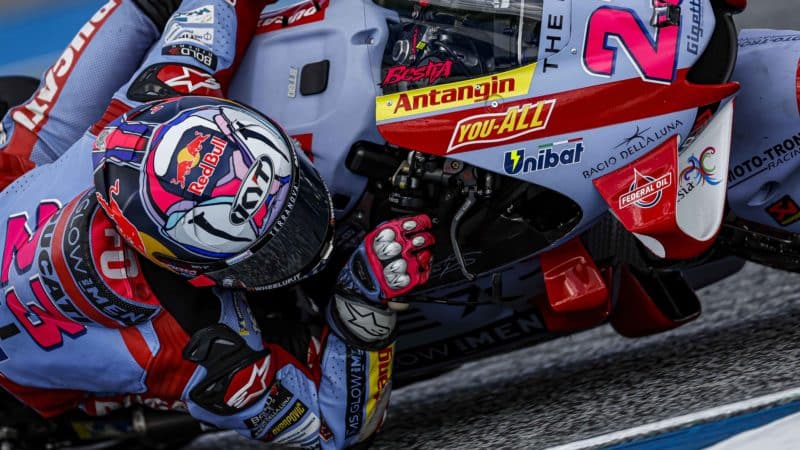 Enea Bastianini gets his elbow down while cornering on his Gresini Racing GP21