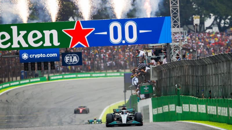 George Russell crosses the line to win the 2022 Brazilian Grand Prix