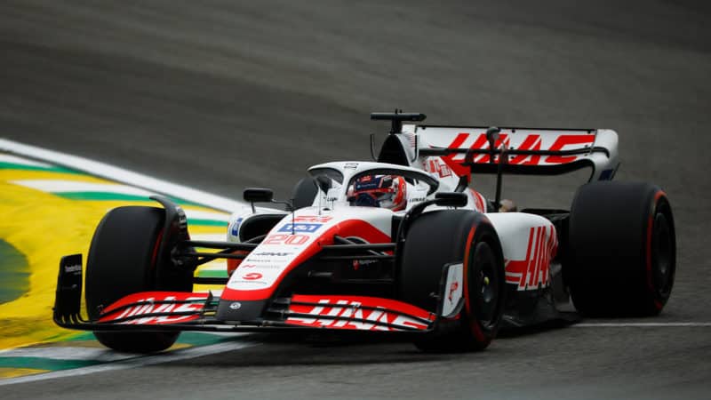 Haas of Kevin Magnussen in 2022 Brazilian GP qualifying where he got pole position