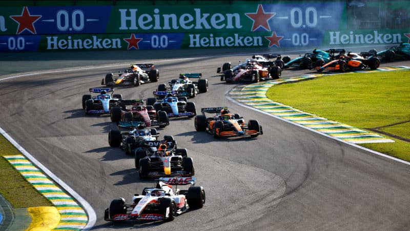Kevin Magnussen leads at the start of the 2022 Brazilian GP