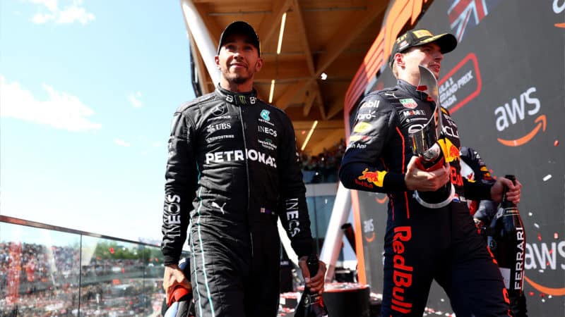 Lewis Hamilton and Max Verstappen on the podium at the 2022 Canadian GP