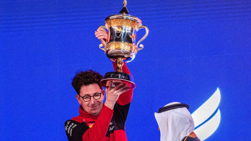 Mattia Binotto lifts winning constructor trophy at the 2022 F1 Bahrain Grand Prix