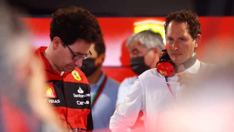 Mattia Binotto with John Elkann in Ferrari F1 pit garage