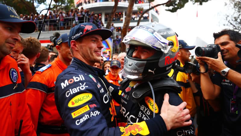 Max Verstappen embraces Sergio Perez after he wins the 2022 Monaco Grand Prix