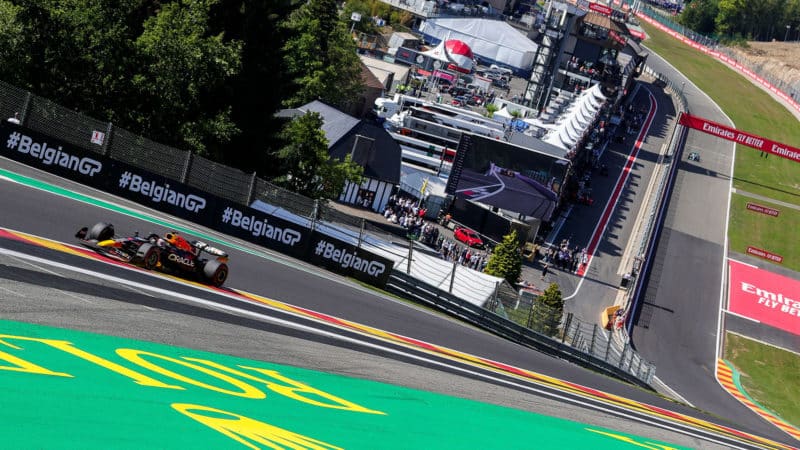 Max Verstappen heads up the hill at Eau Rouge-Raidillon in the 2022 Belgian Grand Prix