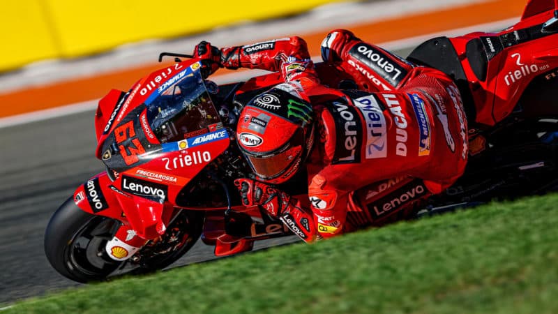 Pecco Bagnaia cornering on Ducati at 2022 MotoGP Valencia GP