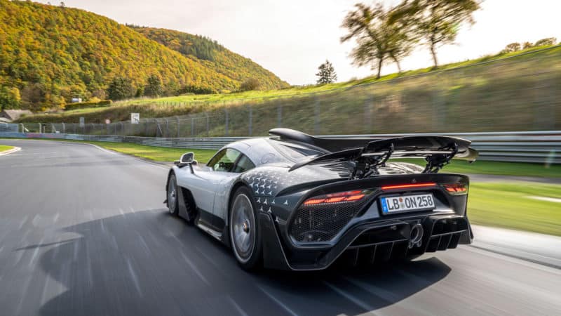 Rear view of Mercedes AMG One on Nurburgring fastest lap attempt