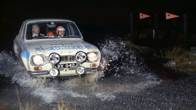 Roger Clark and Tony Mason splash through water on the 1972 RAC Rally