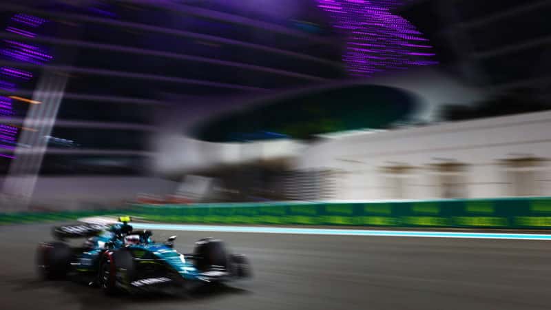 Sebastian Vettel under Abu Dhabi lights in qualifying for the 2022 Grand Prix