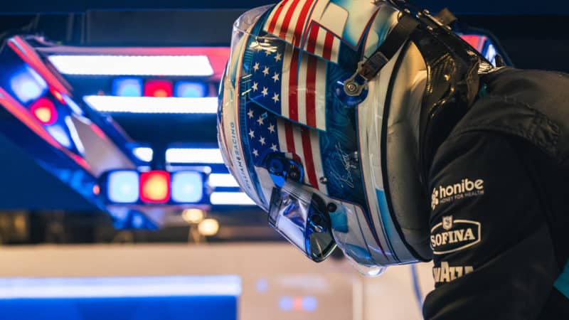Stars and Stripes themed helmet of Logan Sargeant