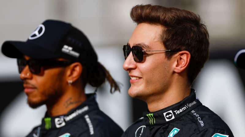 2 George Russell and Lewis Hmailton Mercedes F1 drivers at the 2022 Sao Paulo GP