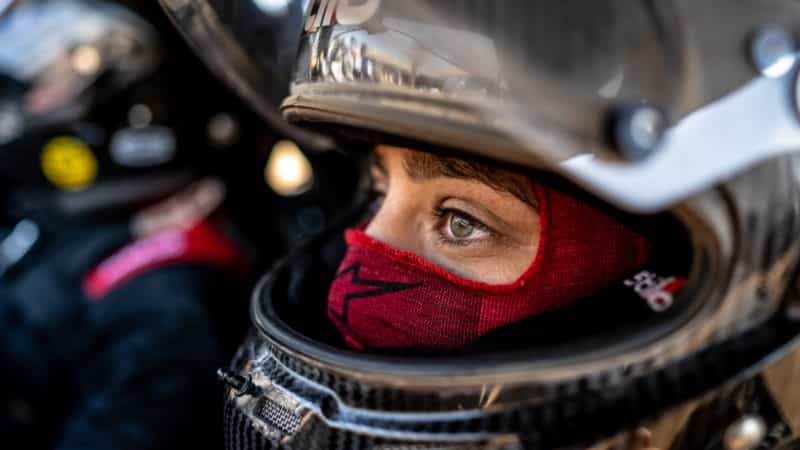 Dania Akeel stares through her helmet in rally raid race