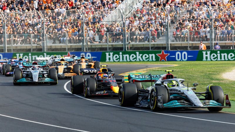 Lewis Hamilton leads Sergio Perez and George Russell at the start of the 2022 Australian Grand Prix