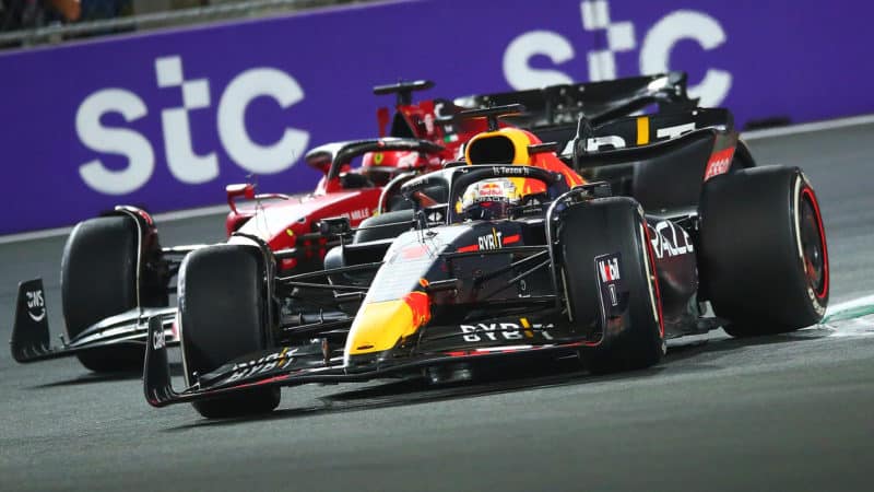 Max Verstappen ahead of Charles Leclerc in the 2022 Saudi Arabian GP