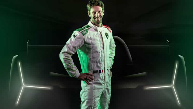 Romain Grosjean in front of Lamborghini LMDh teaser image