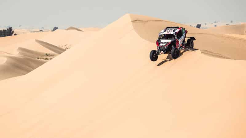 Toyota of Dania Akeel leaps over sand dune in rally-raid