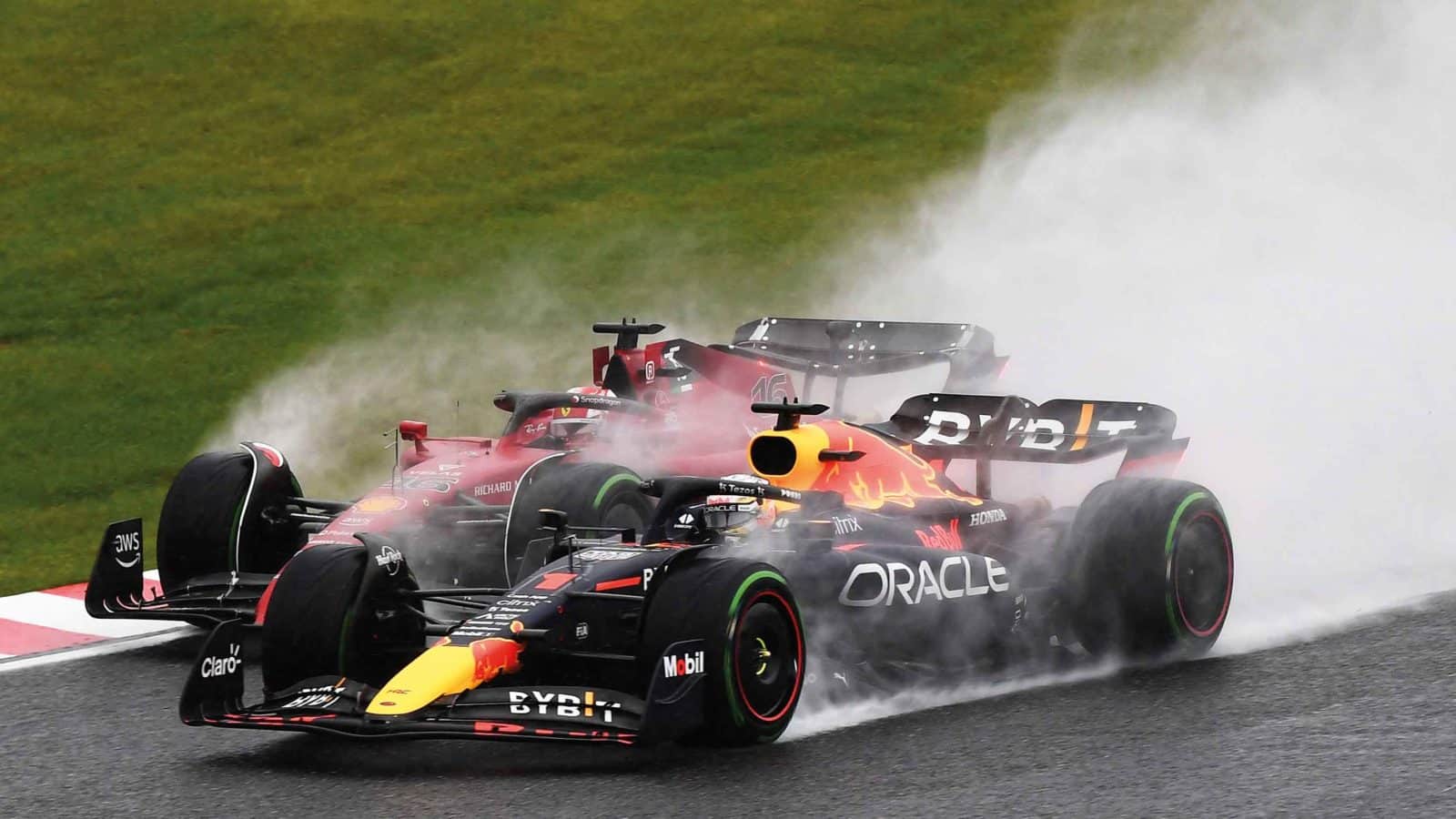 Verstappen and Leclerc wheel-to-wheel