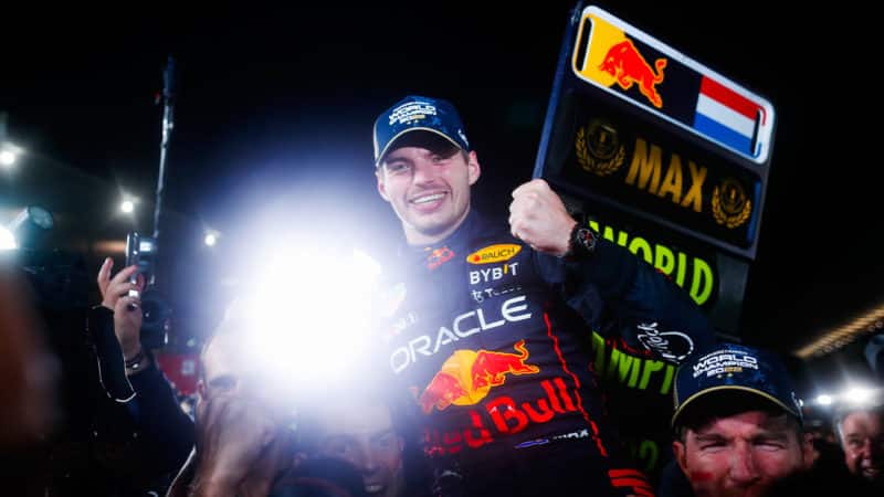 2022 Red Bull F1 driver Max Verstappen celebrates winning the F1 title