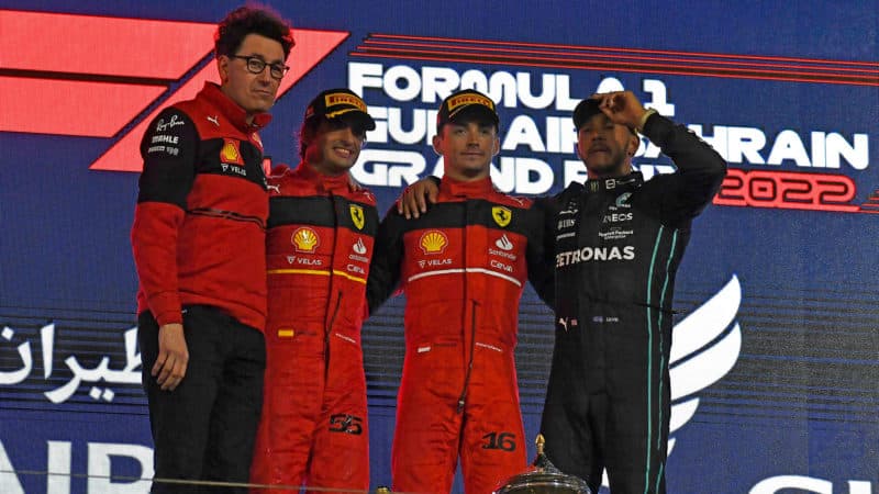 Binotto, Sainz, Leclerc and Hamilton on the podium