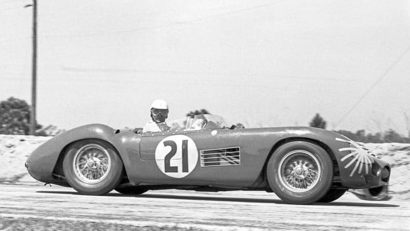 Carroll Shelby drives past in Maserati 250 S at 1957 Sebring 12 Hours