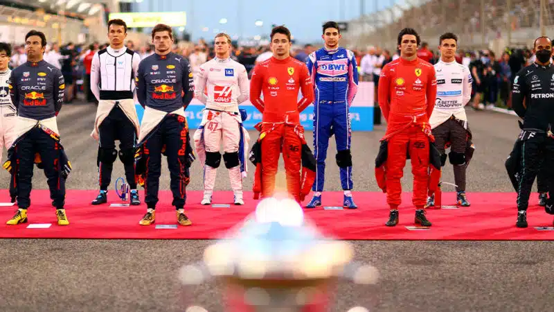 F1 drivers line up on the grid at the 2022 Bahrain GP in Sakhir
