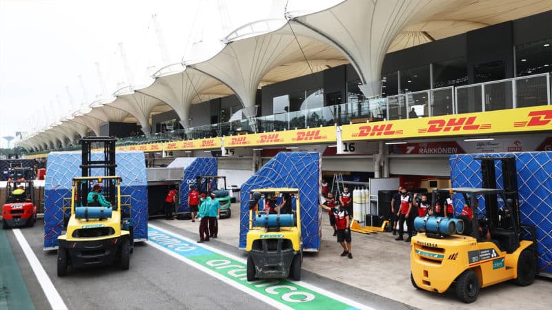 F1 freight is delivered to the pitlane on forklift trucks for the 2021 Sao Paulo Grand Prix
