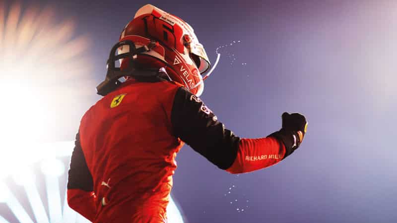 Ferrari f1 driver Charles Leclerc celebrates at the 2022 Bahrain GP