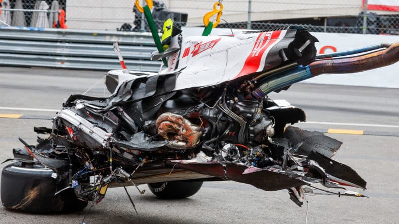 Haas f1 driver Mick Schumacher crashes at the 2022 Monaco GP