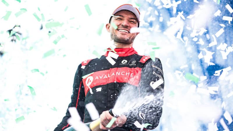 Jake Dennis Andretti Formula E driver celebrates at 2023 Mexico E-Prix