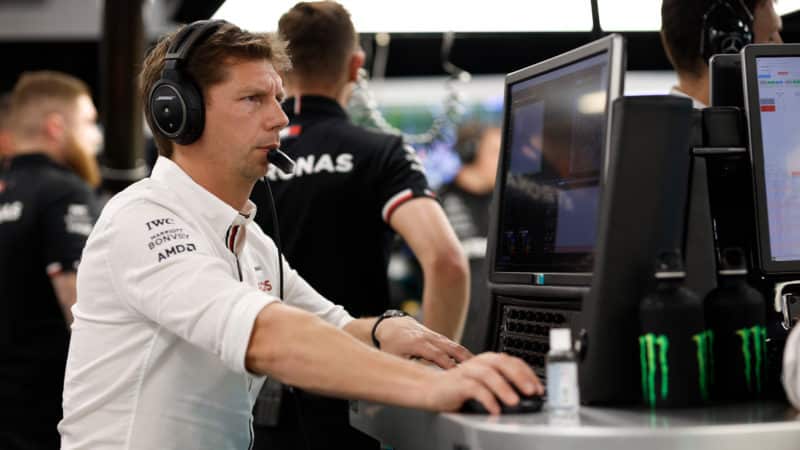 James Vowles in front of computer monitor in Mercedes F1 pit garage