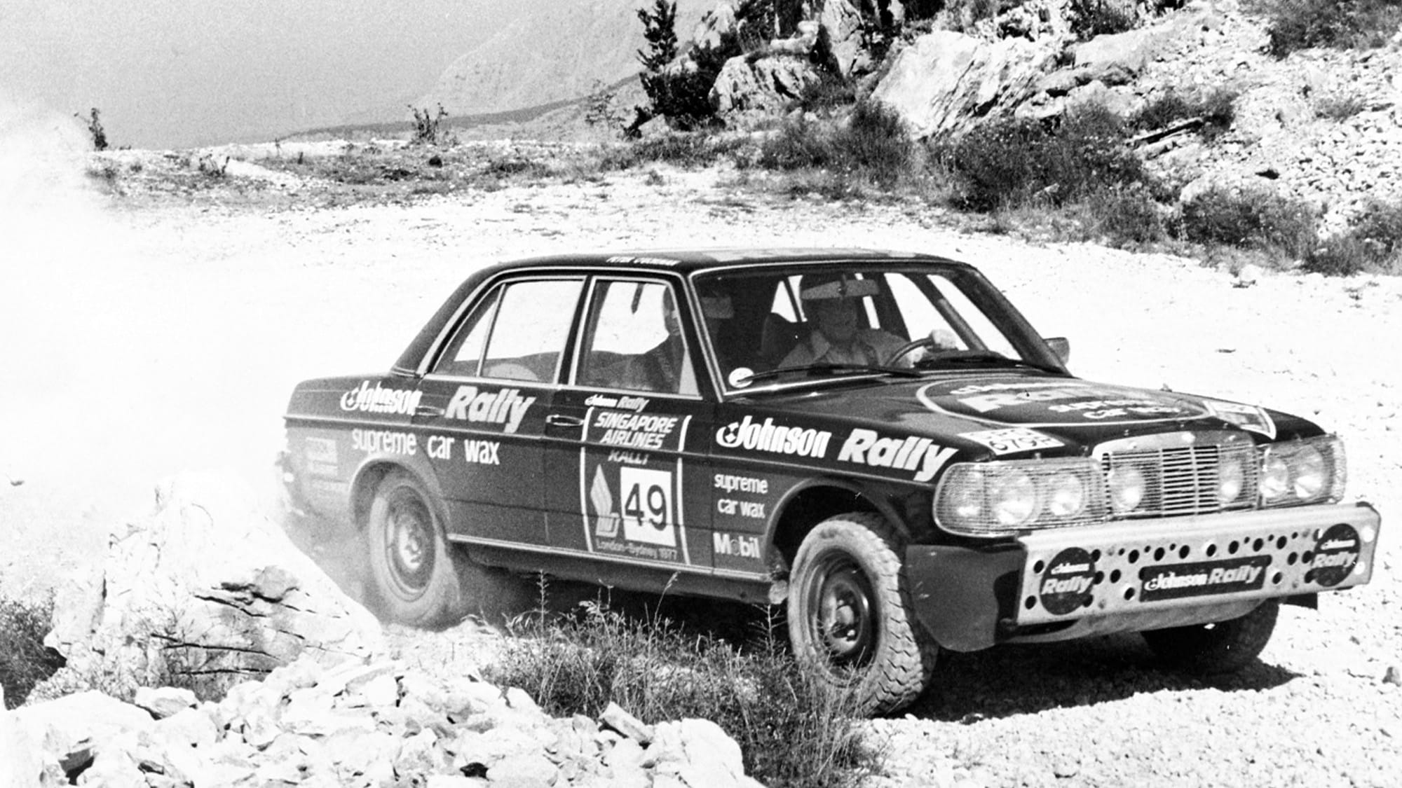 Mercedes 280E of Tony Fowkes in 1977 London-Sydney rally