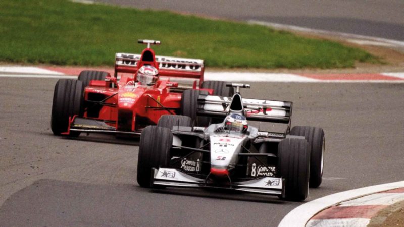 Mika ahead of Schumacher at the 1998 Luxembourg GP