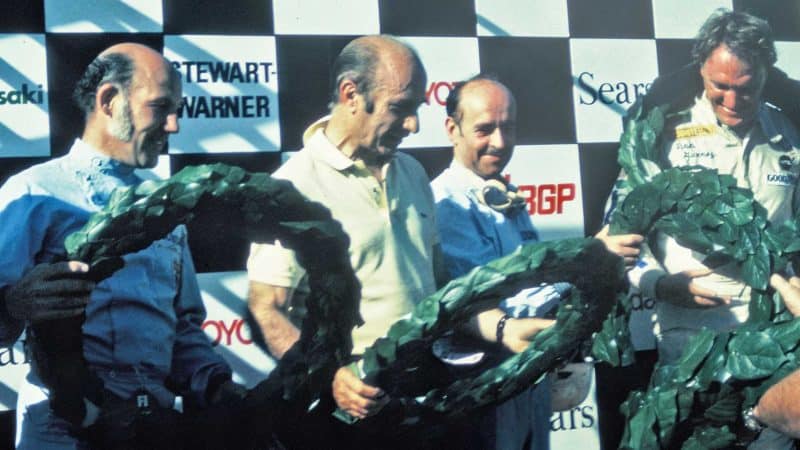 Moss, Fangio, Trintingnant and Gurney with their garlands