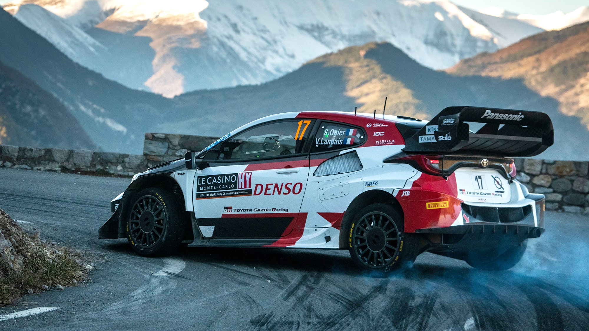 Toyota of Sebastien Ogier sideways in the 2023 Monte Carlo Rally