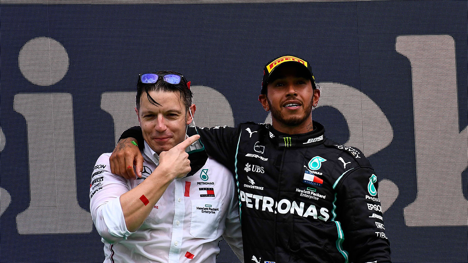 Hamilton and engineer Bonnington on the podium