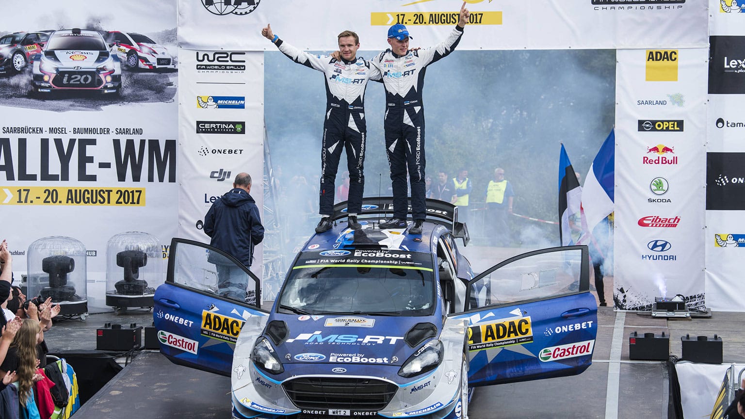 Tanak celevrates victory in Germany in 2017