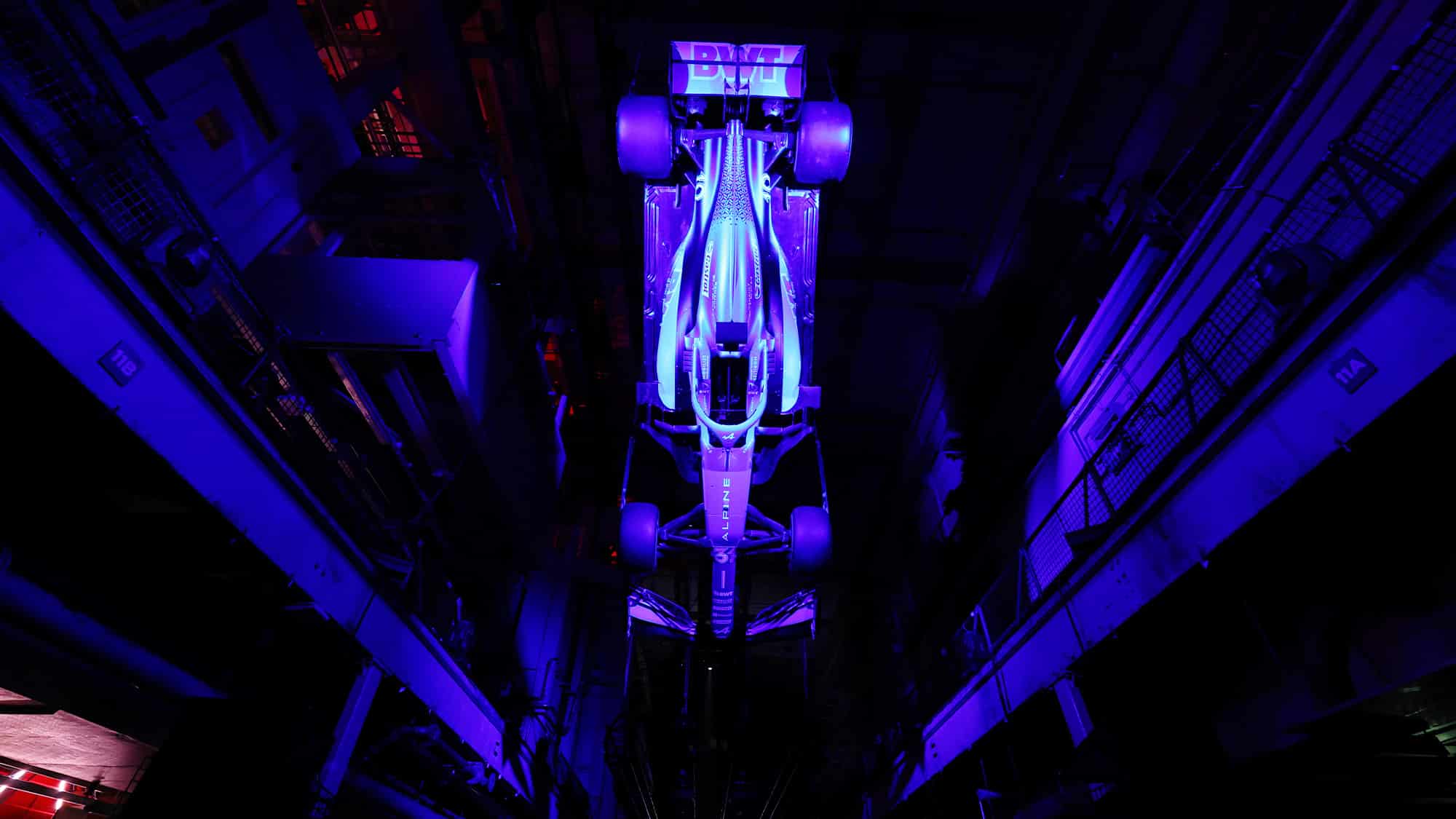 Alpine 2023 F1 car suspended in the air at launch