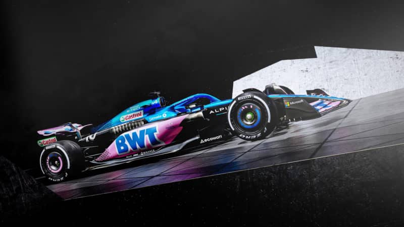 Alpine F1 car on slope at 2023 launch
