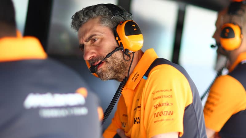 Andrea Stella on McLaren pitwall in 2023 F1 testing