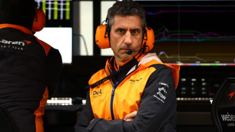 Andrea Stella stares at the camera from McLaren F1 pitwall