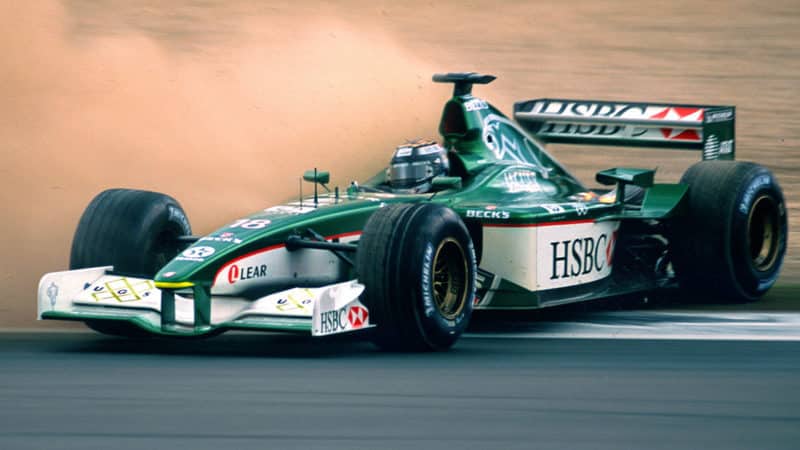 Eddie Irvine (Jaguar) spins off the circuit and into the gravel trap during practice for the 2001 European Grand Prix at the Nurburgring. Photo- Grand Prix Photo