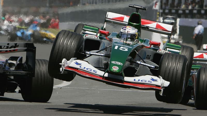 F1 Jaguar of Christian Klien is launched into the air