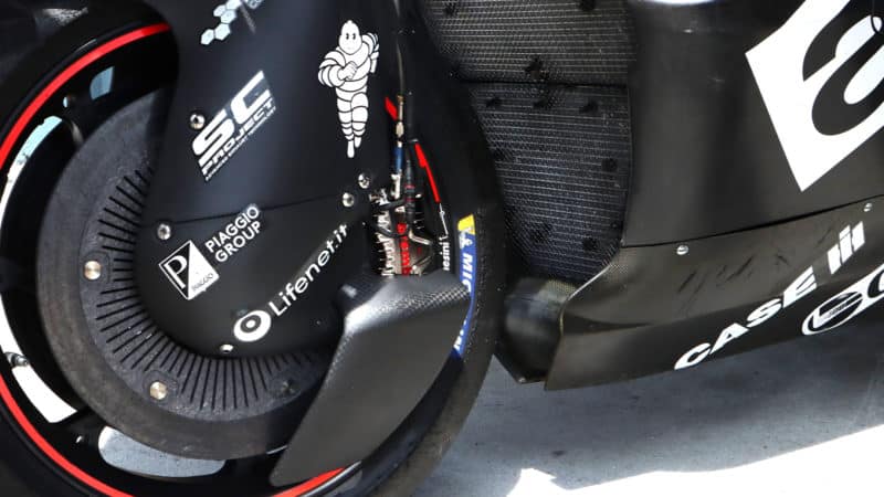 Front wheel attachments on Aprilia MotoGP bike at 2023 Sepang testing